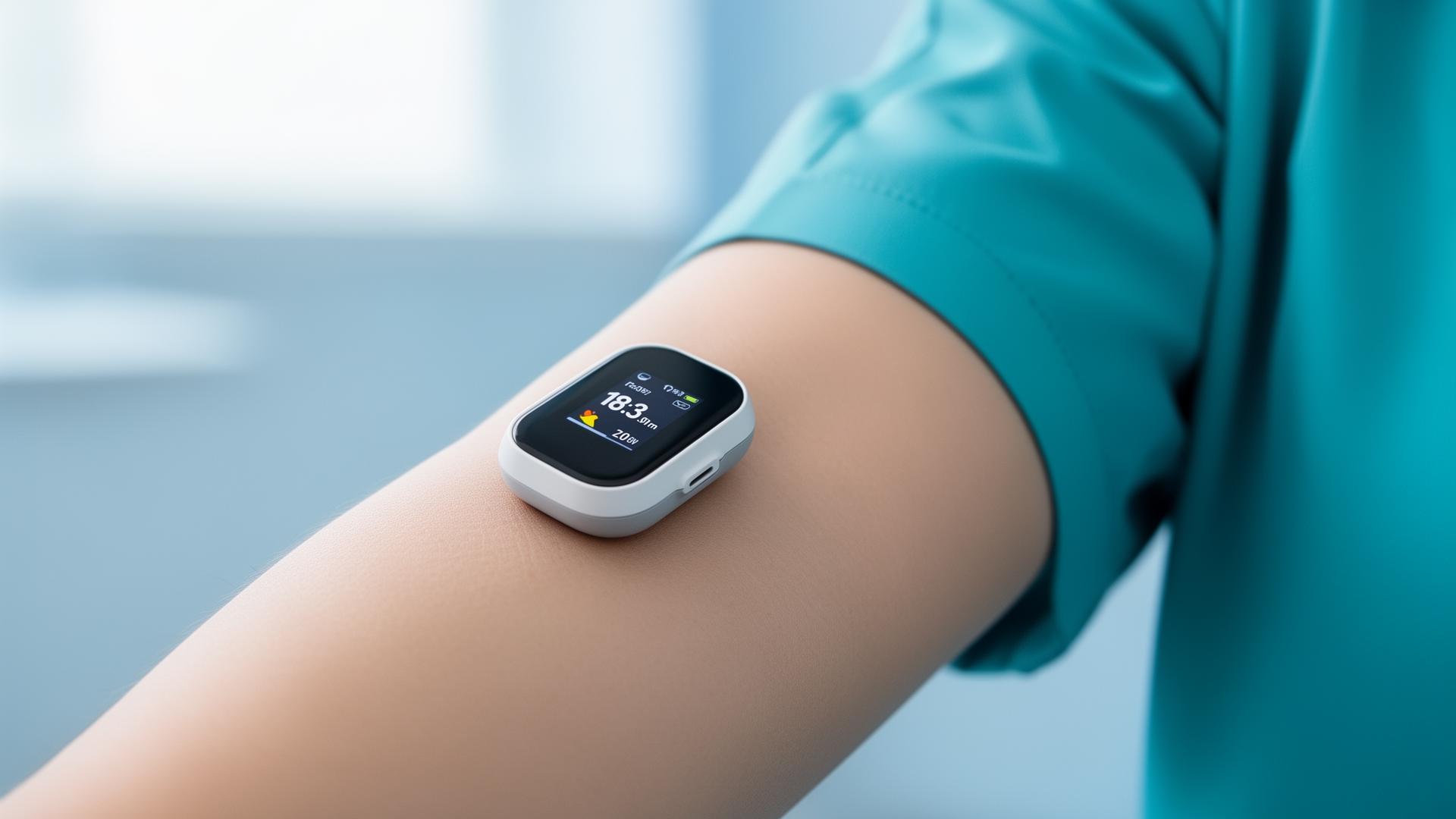 Person wearing a continuous glucose monitor on their arm